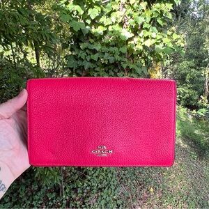 COACH Shoulder/Crossbody Purse Foldover Clutch Bag Pebble Leather Pink AUTHENTIC